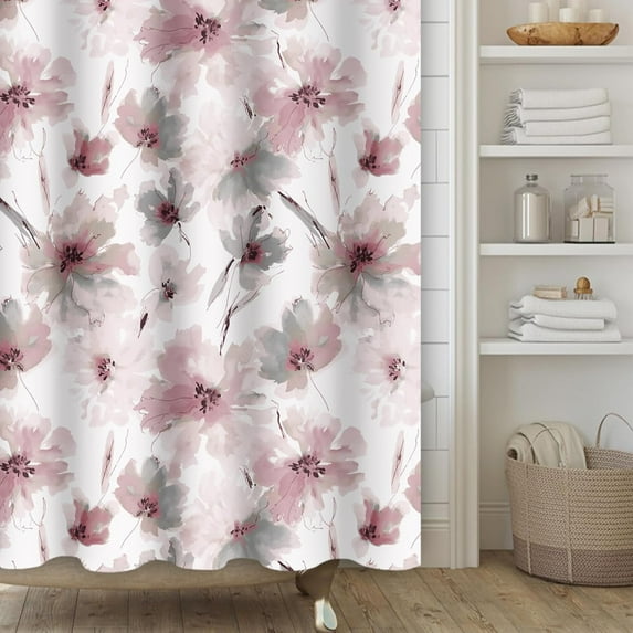 Red Gray Floral Shower Curtain,Pink Grey Flower Shower Curtain Set for Bathroom,Natural Watercolor Flower Fabric Bath Curtain with Hooks, 72x72in