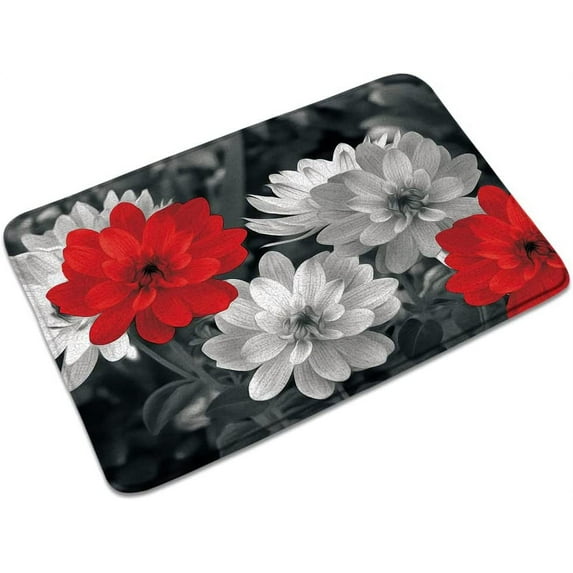 Red and Gray Flowers Bath Mats for Bathroom Dahlia Abstract Floral Artwork Vintage Rustic Country Farmhouse Memory Foam Flannel Bath Floor Rugs for Kitchen Bathtub Laundry 23.6 x 15.7 Inch