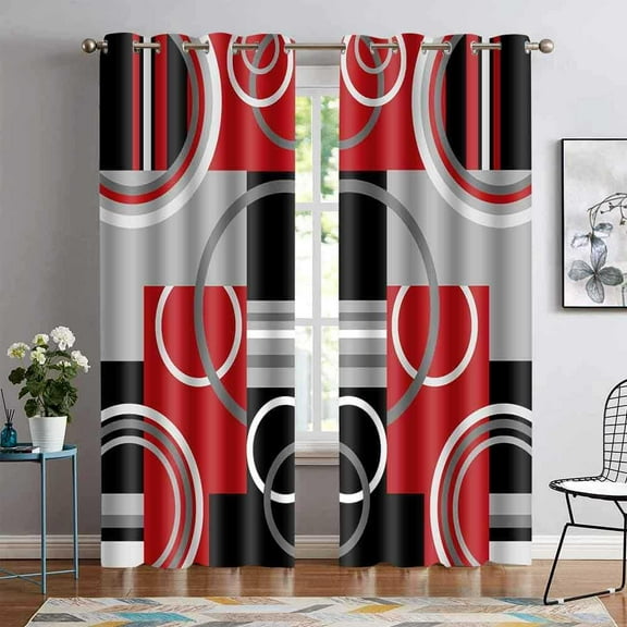 Red Gray Geometric Blackout Curtains for Bedroom, White Gray Modern Abstract Plaid Circle Room Darkening Curtain Thermal Insulated Window Drapes for Living Room 26"W x 54"L (Pack of 2)