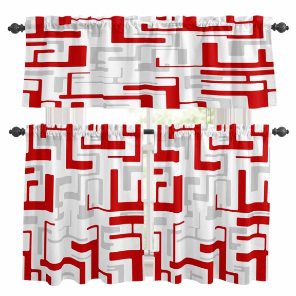 Red Gray Geometric Stripes Kitchen Curtains Valances and Tiers Set of 3 Modern Abstract Lines Maze Tier Curtains and Valance with Rod Pocket for Small Windows, 27.5"x24"