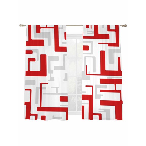 Red Gray Geometric Stripes Sheer Curtains 2 Panels Set Modern Abstract Lines Maze Sheer Window Curtains Light Filtering Rod Pocket Voile Drapes for Bedroom Living Room 52"x63"
