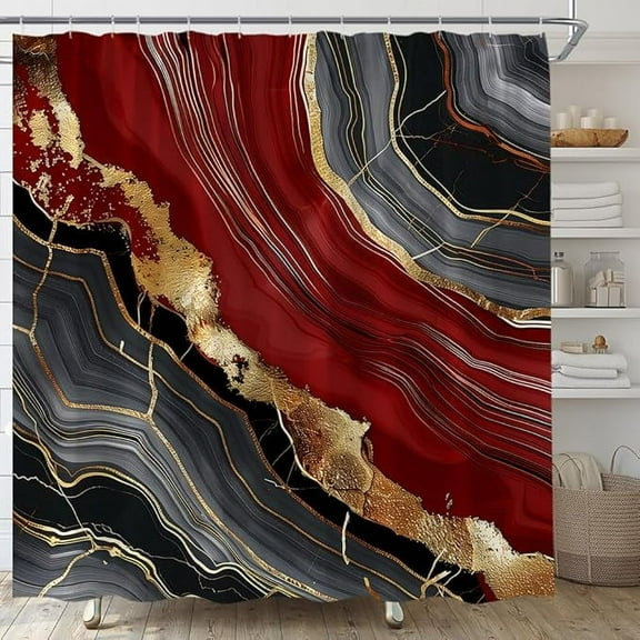Red Gray Gold Marble Shower Curtain Modern Abstract Texture Natural Aesthetic Bathroom Curtain Fabric With Hooks 36"W x 72"L (Pack of 1)