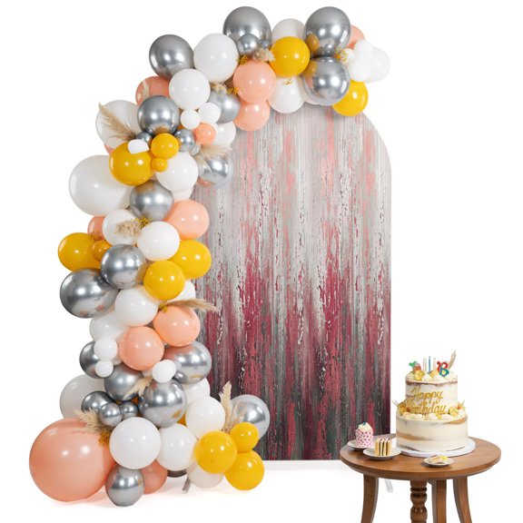 Red Gray Gradient Arch Backdrop Cover 6.6FT Modern Abstract Industrial Wall Texture Spandex Fitted Arch Covers Stretchy Backdrop Decoration for Wedding Birthday Graduation Party
