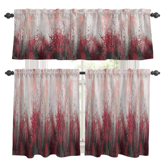Red Gray Gradient Kitchen Curtains Valance and Tier Set Modern Abstract Industrial Wall Texture Rod Pocket Short Curtains for Small Window 3 Pieces Set for Bedroom Bathroom Cafe (54" x 18"+27" x 36")