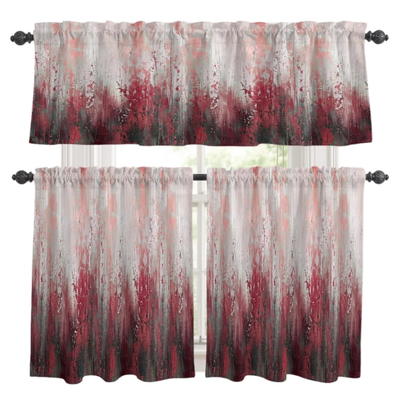 Red Gray Gradient Kitchen Curtains Valances 3 Piece Set, Modern Abstract Industrial Wall Texture Rod Pocket Tier Curtain and Valance Drapes for Small Window 24 Inch Length for Bedroom Cafe