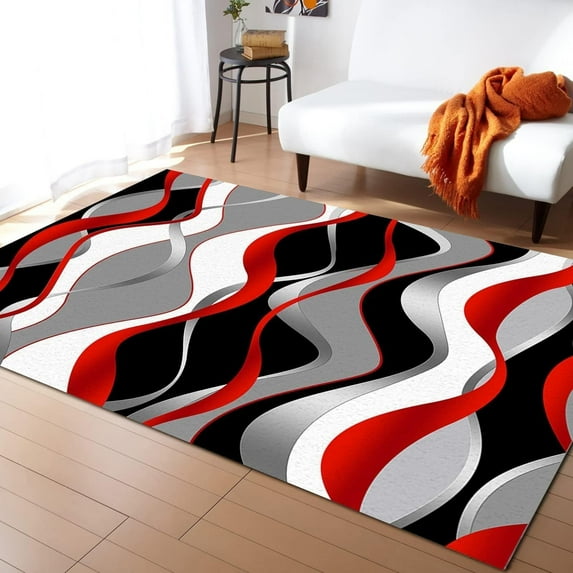 Red Gray Gradient Wavy Line Area Rugs, Black Red Geometric Texture Home Decor Rug, Machine Washable Indoor Carpet For Kids Bedroom Living Room Dining Room Classroom Office