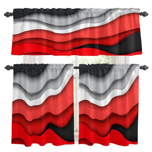 Red Gray Kitchen Curtains Valance and Tier Set Abstract Geometric Gradient Waves Contemporary Rod Pocket Short Curtains for Small Window 3 Pieces Set for Bedroom Bathroom Cafe (54" x 18"+27" x 24")