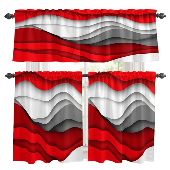Red Gray Kitchen Curtains Valance and Tier Set Geometric Abstract Gradient Ocean Waves Modern Rod Pocket Short Curtains for Small Window 3 Pieces Set for Bedroom Bathroom Cafe (54" x 18"+27" x 36")