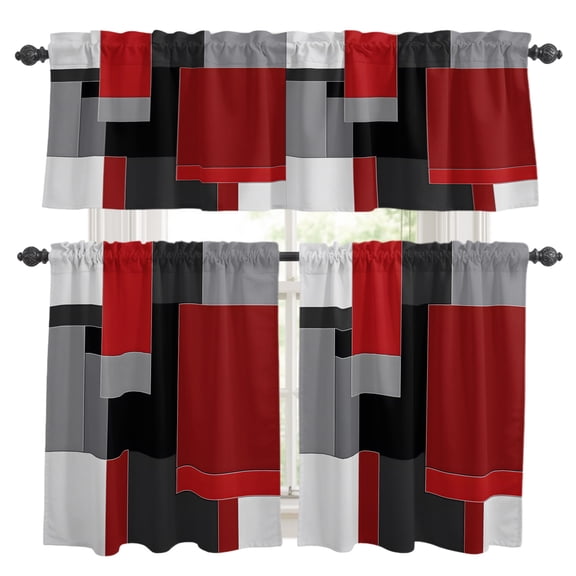 Red Gray Kitchen Curtains Valance and Tier Set Geometric Color Blocks Patchwork Modern Abstract Rod Pocket Short Curtains for Small Window 3 Pieces Set for Bedroom Bathroom Cafe (54" x 18"+27" x 36")