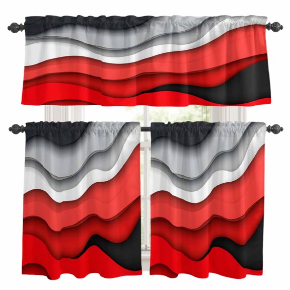 Red Gray Kitchen Curtains Valances and Tiers Set of 3 Abstract Geometric Gradient Waves Contemporary Tier Curtains and Valance with Rod Pocket for Small Windows, 27.5"x24"