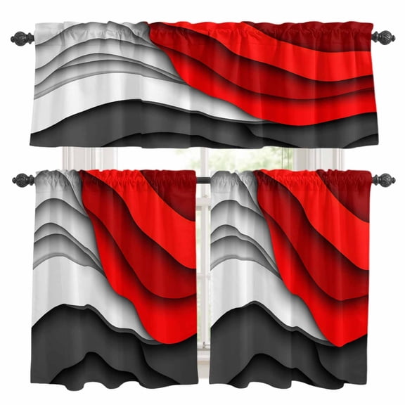 Red Gray Kitchen Curtains Valances and Tiers Set of 3 Abstract Gradient Ocean Waves Geometric Modern Tier Curtains and Valance with Rod Pocket for Small Windows, 27.5"x24"