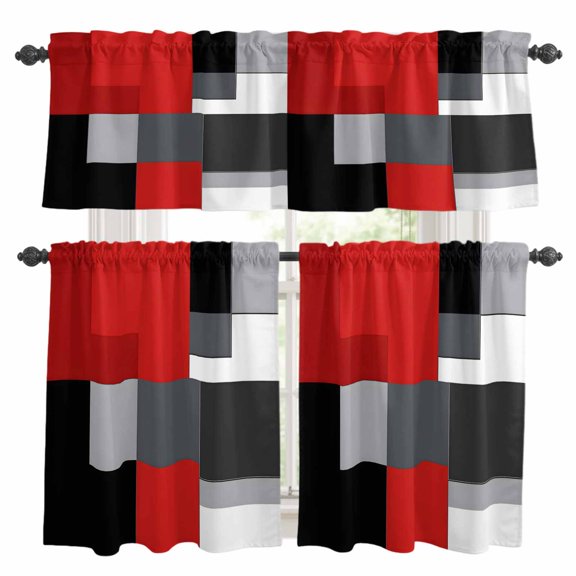 Red Gray Kitchen Curtains Valances and Tiers Set of 3 Black Color Blocks Patchwork Modern Abstract Art Tier Curtains and Valance with Rod Pocket for Small Windows, 27.5"x24"