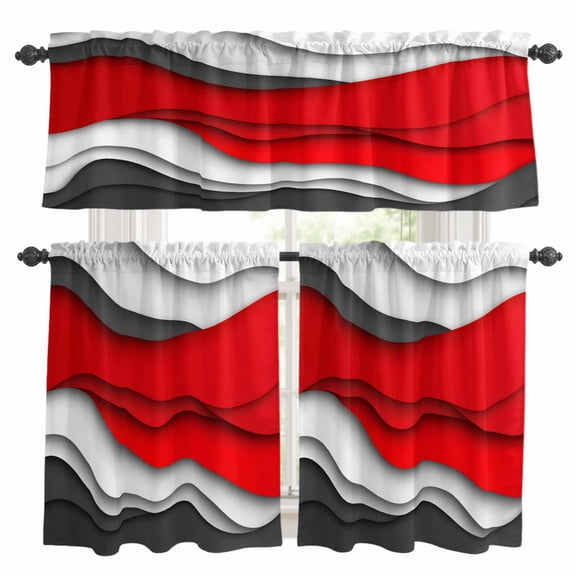 Red Gray Kitchen Curtains Valances and Tiers Set of 3 Geometric Abstract Gradient Waves Contemporary Tier Curtains and Valance with Rod Pocket for Small Windows, 27.5"x24"