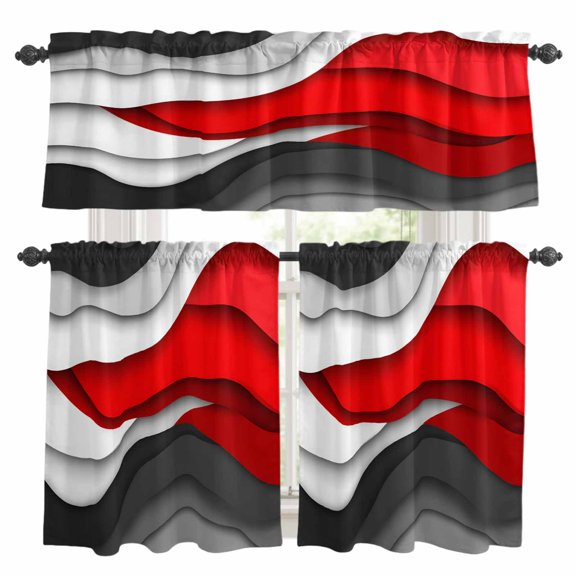 Red Gray Kitchen Curtains Valances and Tiers Set of 3 Geometric Gradient Ocean Waves Modern Abstract Tier Curtains and Valance with Rod Pocket for Small Windows, 27.5"x24"