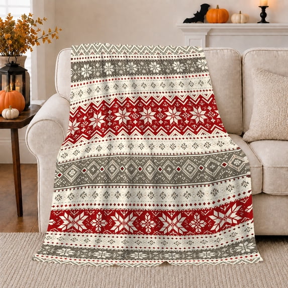Red Gray Nordic Snowflakes with Diamond Bands, Nostalgic Holiday Style for Christmas Lovers, Winter Folk Stripe and Christmas Gift, Cozy Flannel Blanket for Cabin and Bedroom, Home Decor