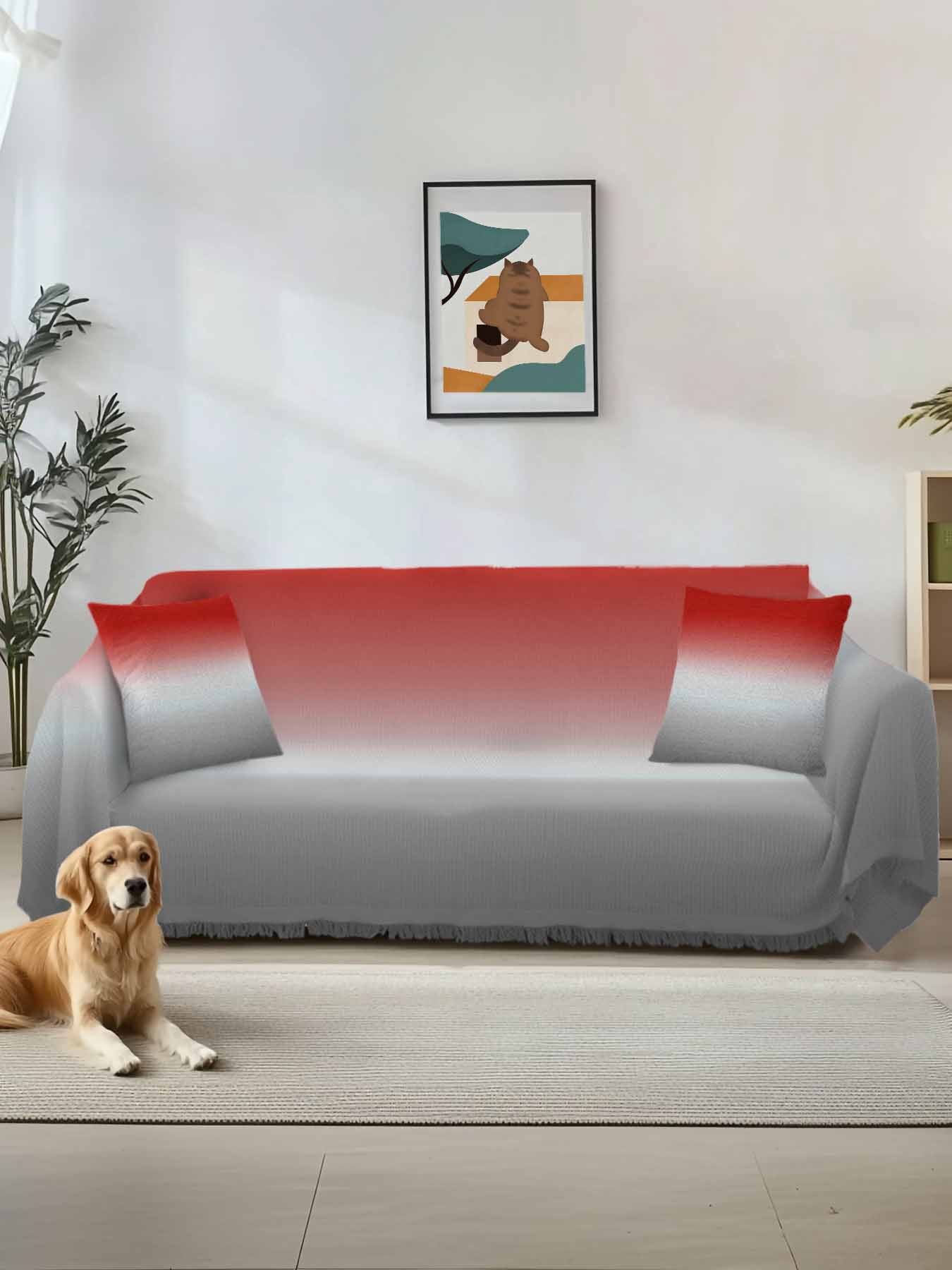 Red Gray Ombre Couch Cover, Modern Gradient Abstract Art Oversized Sofa Cover Blanket for 3 Cushion Couch, Sectional Sofa Slipcover Furniture Protector for Living Room Bedroom 71''x150''
