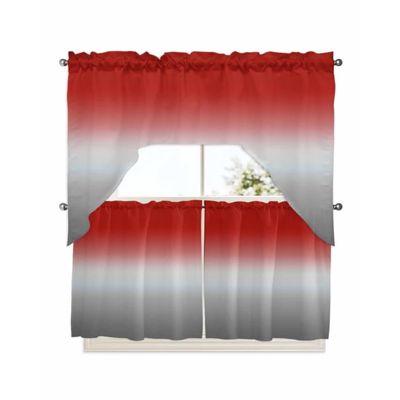 Red Gray Ombre Kitchen Curtain and Valance Set 3 Pieces, Rod Pocket Short Tier Curtains 24 Inch Length, Modern Gradient Abstract Art Swag Topper Small Window Treatment for Cafe Bathroom Bedroom
