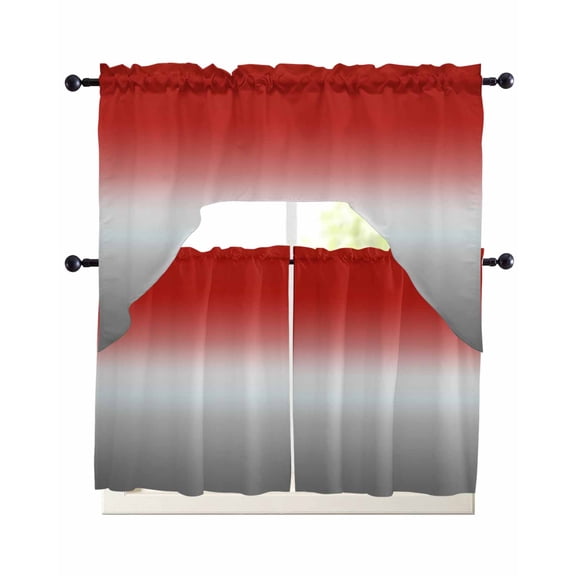Red Gray Ombre Kitchen Curtains Set for Windows 3 Piece Cafe Curtains 24 Inch Length Swag Curtains Valances and Tier Set Modern Gradient Abstract Art Drapes for Bedroom Bathroom Living Room