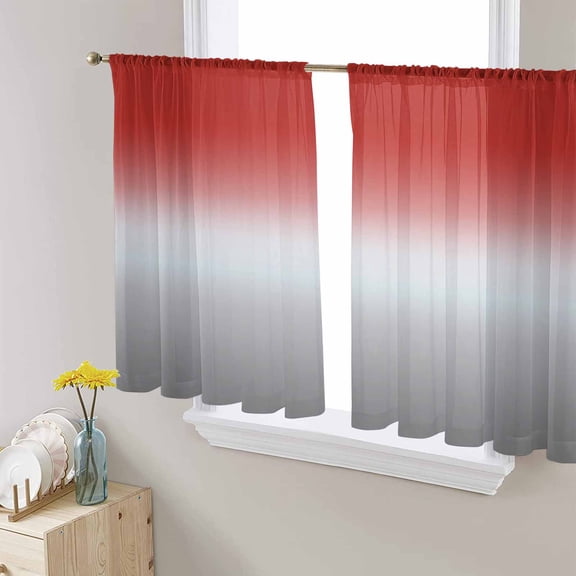 Red Gray Ombre Semi Sheer Curtains 45 Inch Length 2 Panels Set, Modern Gradient Abstract Art Sheer Kitchen Curtain Privacy Voile Window Curtain for Living Room Bedroom Rod Pocket Drapes
