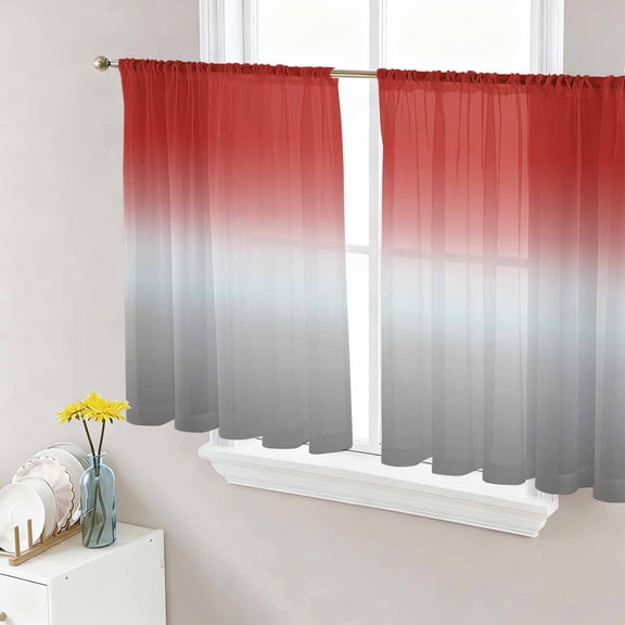 Red Gray Ombre Semi Sheer Window Curtains 54 Inches Long, Modern Gradient Abstract Art Rod Pocket Voile Silky Chiffon Curtain Light Filtering Drapes for Living Room, Kitchen, 52"x54", 2 Panels