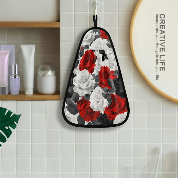 Red Gray Roses Flowers Hanging Towel Kitchen Hand Towel Bathroom Absorbent Towel Machine Washable Quick Dry Dishcloths