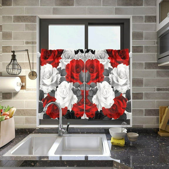 Red Gray Roses Flowers Kitchen Curtains Half Tier Curtain 2 Rod Pockets Bathroom Bedroom Cupborad Living Room 27"x24"