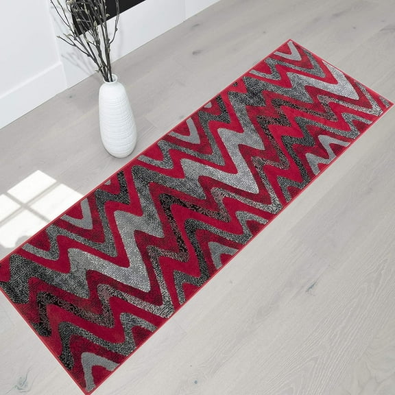 Red Gray Silver Black Abstract Area Rug Modern Zigzag Wave Pattern 1'96" x 6'96" Runner