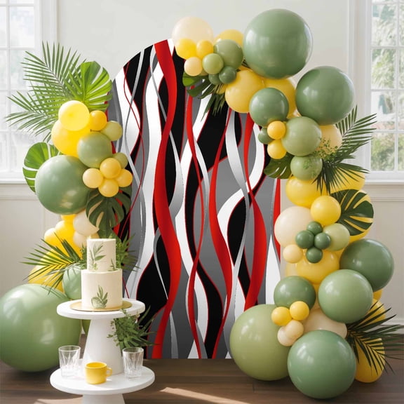 Red Gray Stripes Arch Backdrop Cover, 5FT, Abstract Art Modern Geometric Curve Spandex Arch Covers Double-Sided Backdrop for Wedding Birthday Party Photo Background Decoration