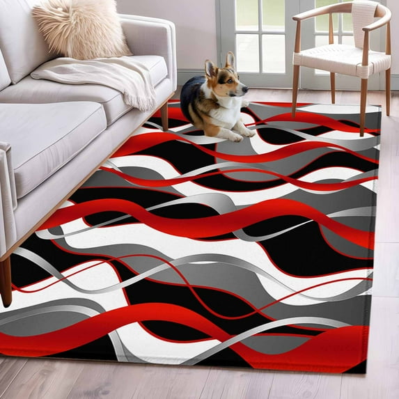 Red Gray Stripes Area Rugs 4x6 ft Abstract Art Modern Geometric Curve Washable Rug Non Slip Indoor Carpet Absorbent Floor Mat for Living Room Bedroom Dining Room