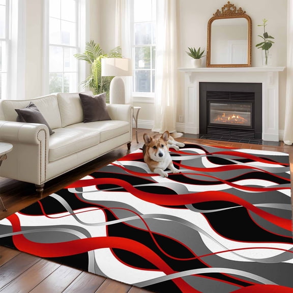 Red Gray Stripes Area Rugs 5x7 ft Abstract Art Modern Geometric Curve Washable Rug Non Slip Indoor Carpet Absorbent Floor Mat for Living Room Bedroom Dining Room