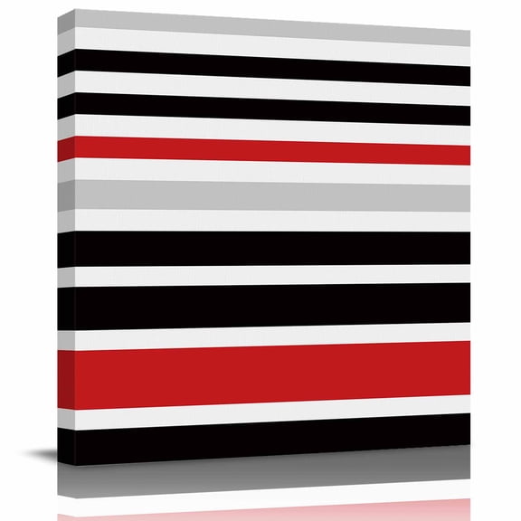 Red Gray Stripes Color Block Canvas Artwork Painting Art, Black Geometric Lines Square Framed Wall Decorations Prints Picture for Bedroom Kitchen Living Room, 12x12 in