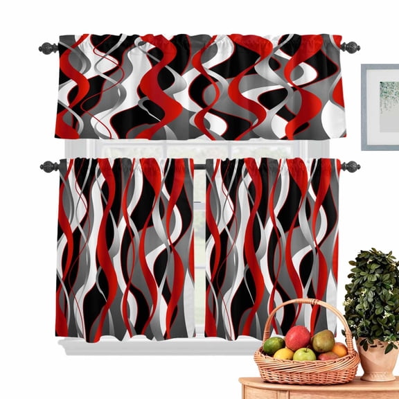 Red Gray Stripes Kitchen Curtains Valances 3 Piece Set, Abstract Art Modern Rod Pocket Tier Curtain and Valance Drapes for Small Window 24 Inch Length for Bedroom Cafe