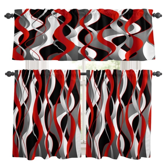Red Gray Stripes Kitchen Curtains and Valances Set, Abstract Art Modern Rod Pocket Window Valance Window Curtain Panels for Living Room Bedroom Laundry, 27.5x24in, 3 Pieces