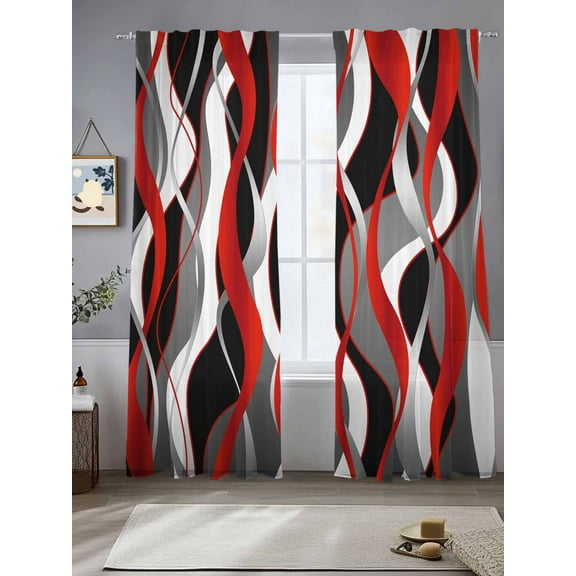 Red Gray Stripes Sheer Curtains 2 Panels Set, 52" W x 84" L Abstract Art Modern Geometric Curve Light Filtering Rod Pocket Voile Drapes, Window Sheer Curtains for Living Room/Bedroom