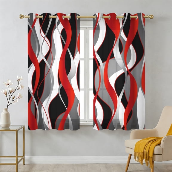 Red Gray Stripes Sheer Curtains 39 Inch Long 2 Panels, Abstract Art Modern Light Filtering Semi Sheer Drapes Grommet Voile Window Curtain for Living Bedroom W27.9 x L39