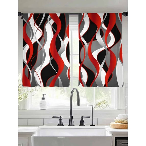 Red Gray Stripes Sheer Curtains 54 Inches Long 2 Panels Abstract Art Modern Light Filtering Semi Sheer Window Curtains Drapes for Bedroom Living Room 52"x54"