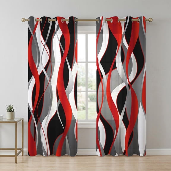 Red Gray Stripes Sheer Curtains 63 Inch Long 2 Panels, Abstract Art Modern Light Filtering Semi Sheer Drapes Grommet Voile Window Curtain for Living Bedroom W42 x L63