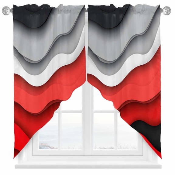 Red Gray Swag Curtain Valance for Windows, Abstract Geometric Gradient Waves Contemporary Window Treatments Short Swag Topper for Kitchen Windows Bathroom Bedroom, 36"x45"