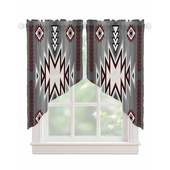 Red Gray Swag Valances for Windows, Southwest Retro Ethnic AztecTexture Bohemian Rod Pocket Sheer Valances for Small Windows, Swag Toppers Light Filtering for Kitchen Living Room 2 Panels 36''x36''