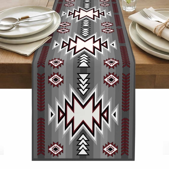 Red Gray Table Runner - 108 Inch Long, Kitchen Dining Table Runner Dresser Scarves, Southwest Retro Ethnic AztecTexture Bohemian Farmhouse Decor for Coffee Tables Wedding Party Banquet