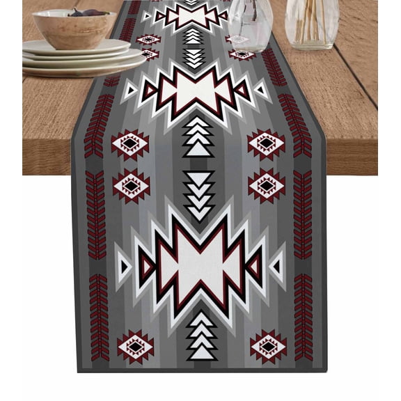 Red Gray Table Runner Southwest Retro Ethnic AztecTexture Bohemian Tablerunners 13 x 36 Inch, Table Decorations Tabletop Scarf for Summer Gathering Holiday Farmhouse Kitchen Dining Decor
