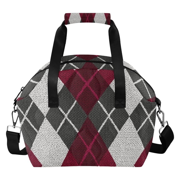 Red Gray White Argyle Pattern Plaids Insulated Lunch Bag Reusable Quilted Lunch Box Waterproof Leakproof Lunch Container