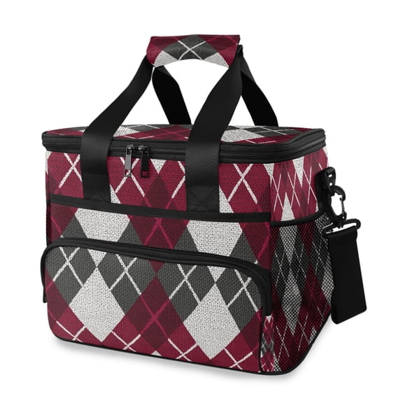 Red Gray White Argyle Pattern Plaids Portable Cooler Lunch Box Reusable Insulated Lunch Bag Leakproof 15L