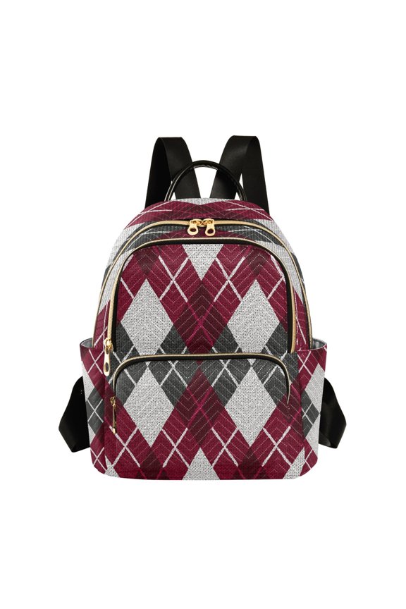 Red Gray White Argyle Pattern Plaids Quilted Backpack Fashion Daypack Commuter Bag for Women 8.5 L