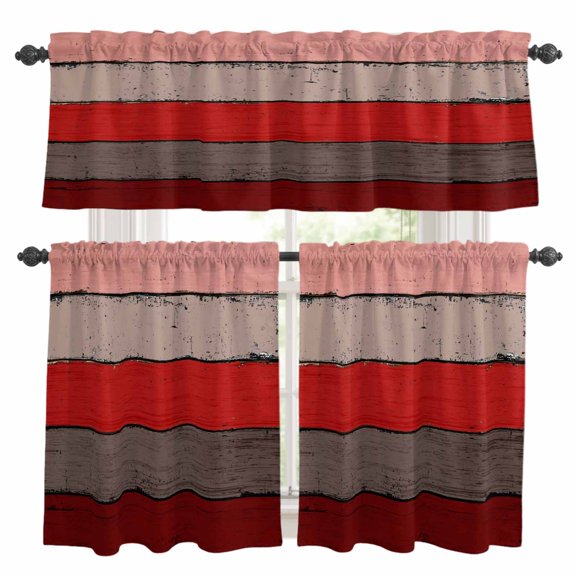 Red Gray Wood Grain Kitchen Curtains Valances and Tiers Set of 3 Countryside Stripe Tier Curtains and Valance with Rod Pocket for Small Windows, 27.5"x24"