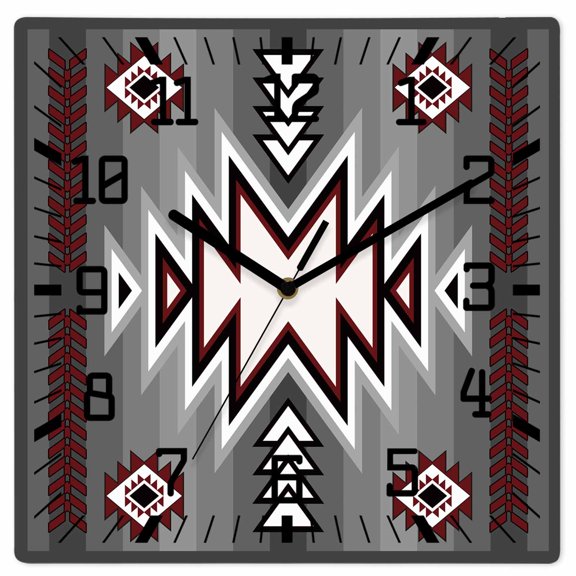 Red Gray Wooden Wall Clock Silent Non Ticking, Southwest Retro Ethnic AztecTexture Bohemian Square Wall Clocks Battery Operated, Decor Clock for Home Office, Living Room, Kitchen, 10 Inch