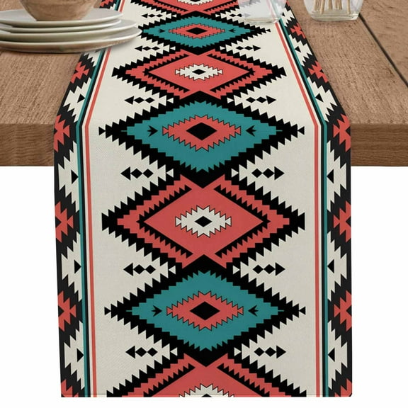 Red Green Aztec Geometric Art Table Runner-70 Inch Long Boho Vintage Abstract Table Runners Linen Burlap Tablerunner for Kitchen Dining Room Holiday Party