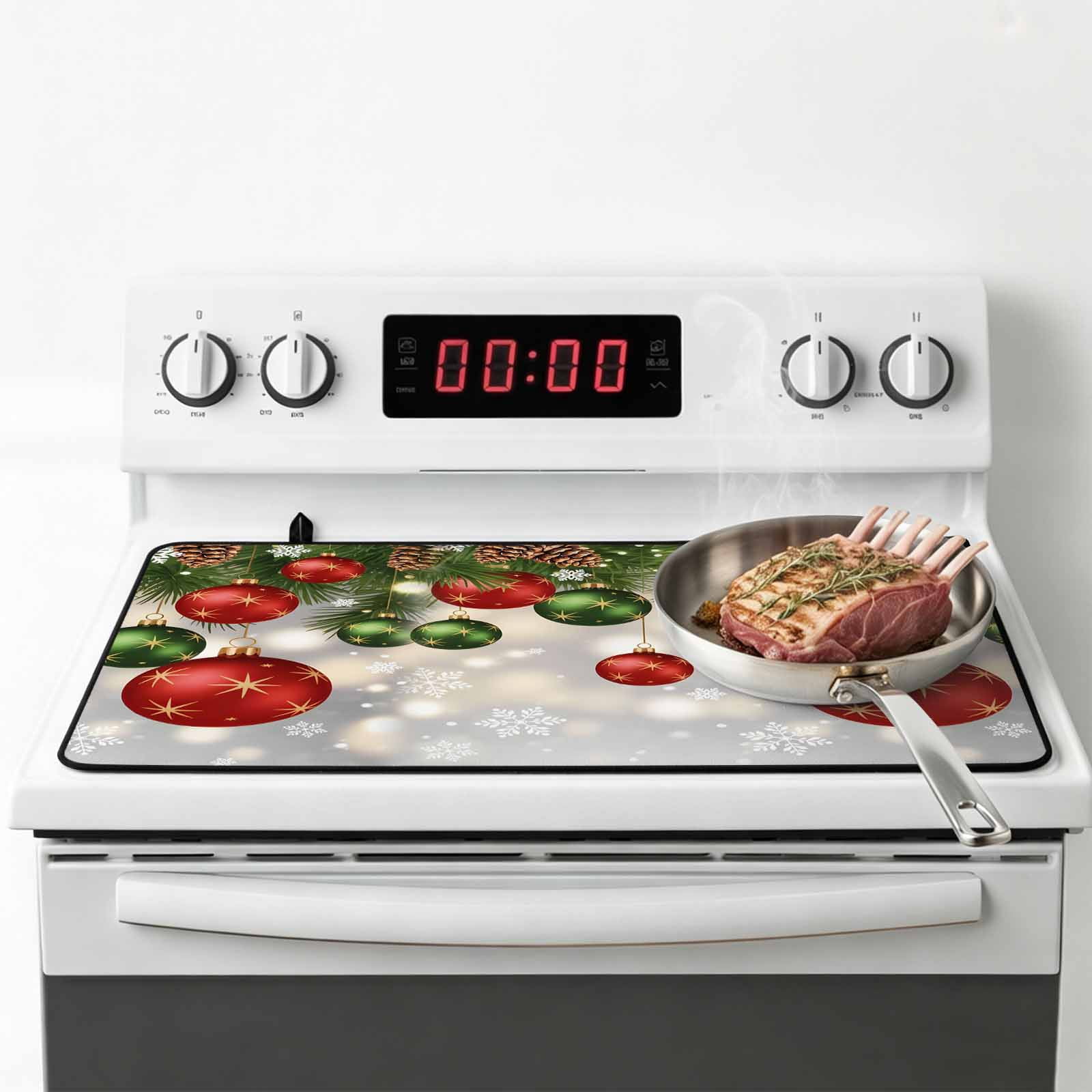 Red Green Balls Christmas Stove Top Cover for Electric Stove, Heat-proof & Non Slip Glass Top Stove Cover Protector, Xmas Pine Needle Snowflake Kitchen Flat Cooktop Rubber Mat 24x21 Inches