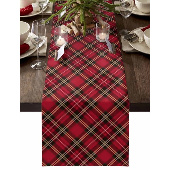 Red Green Black Plaid Dresser Scarf Farmhouse, Dining Table Decorations for Wedding/Parties, Christmas Checkered Buffalo Table Runner 60 Inches Long for Kitchen Dining, 13 x 60 In