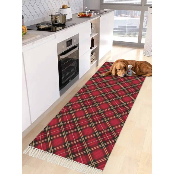 Red Green Black Plaid Kitchen Runner Rug 2x5 Bedside Rug with Tassel Cotton Woven Throw Rugs Washable Hallway Runner Rugs Christmas Checkered Buffalo Floor Carpet for Bedroom Bathroom Living Room